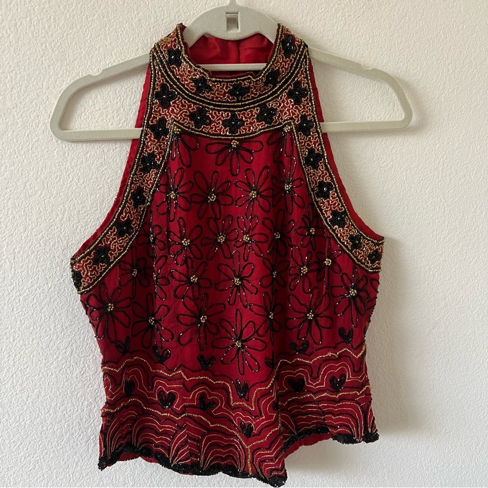 NWT Anthropologie Chaudry Raga Halter Neck Sleeveless Beaded Silk Boho Top SZ M